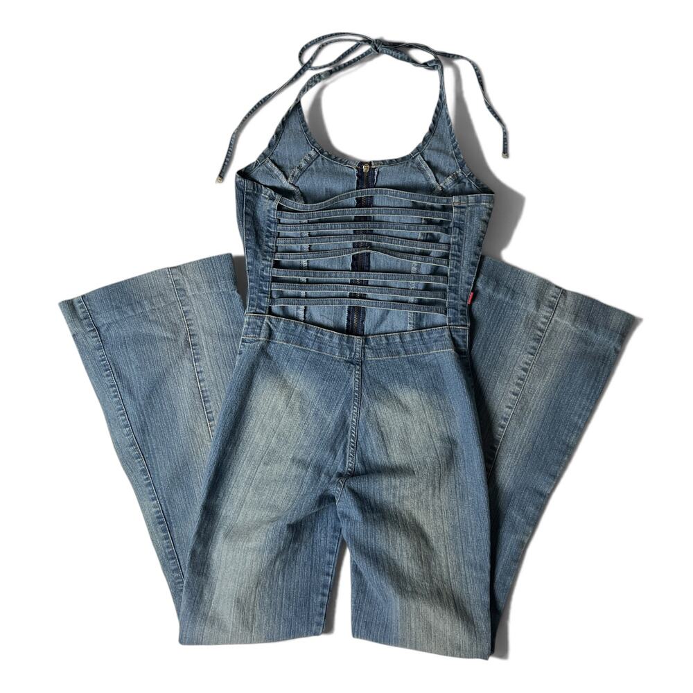 y2k blue denim halter fitted bodycon strappy back brazilian flare leg jumpsuit